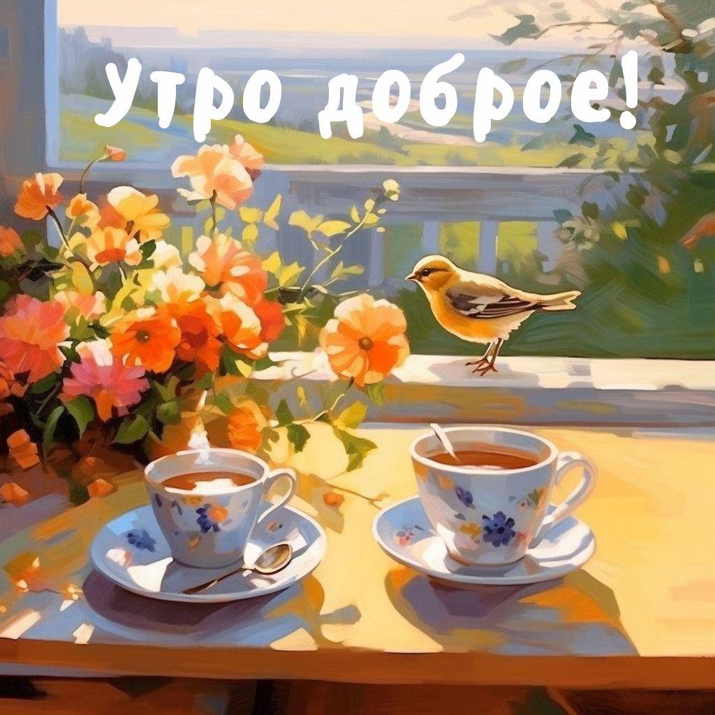 Два чашки чая на столе, цветы и птица