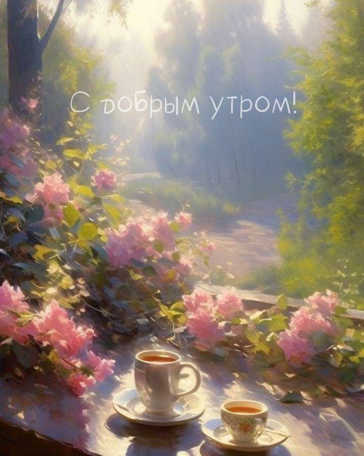 Два чашки чая среди розовых цветов