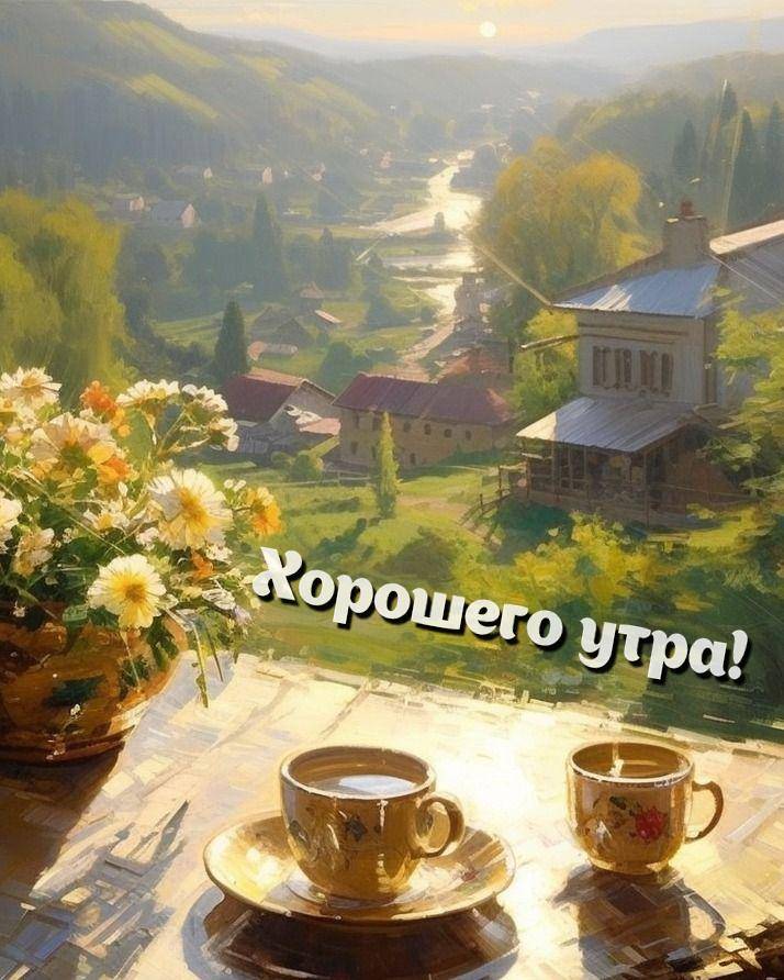 Два чашки кофе на столе с видом на деревню