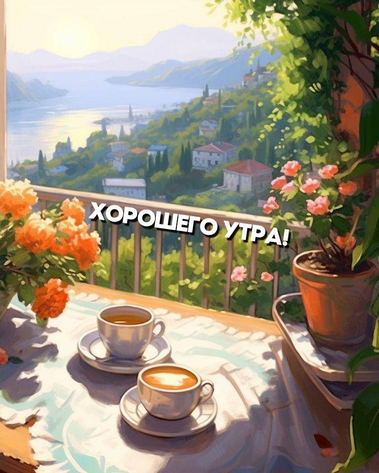 Два чашки кофе на столе с видом на море