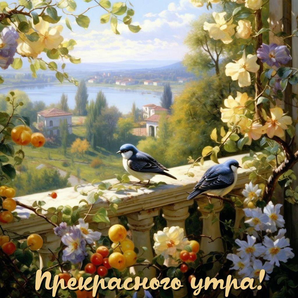 Два голубя на балконе с видом на реку