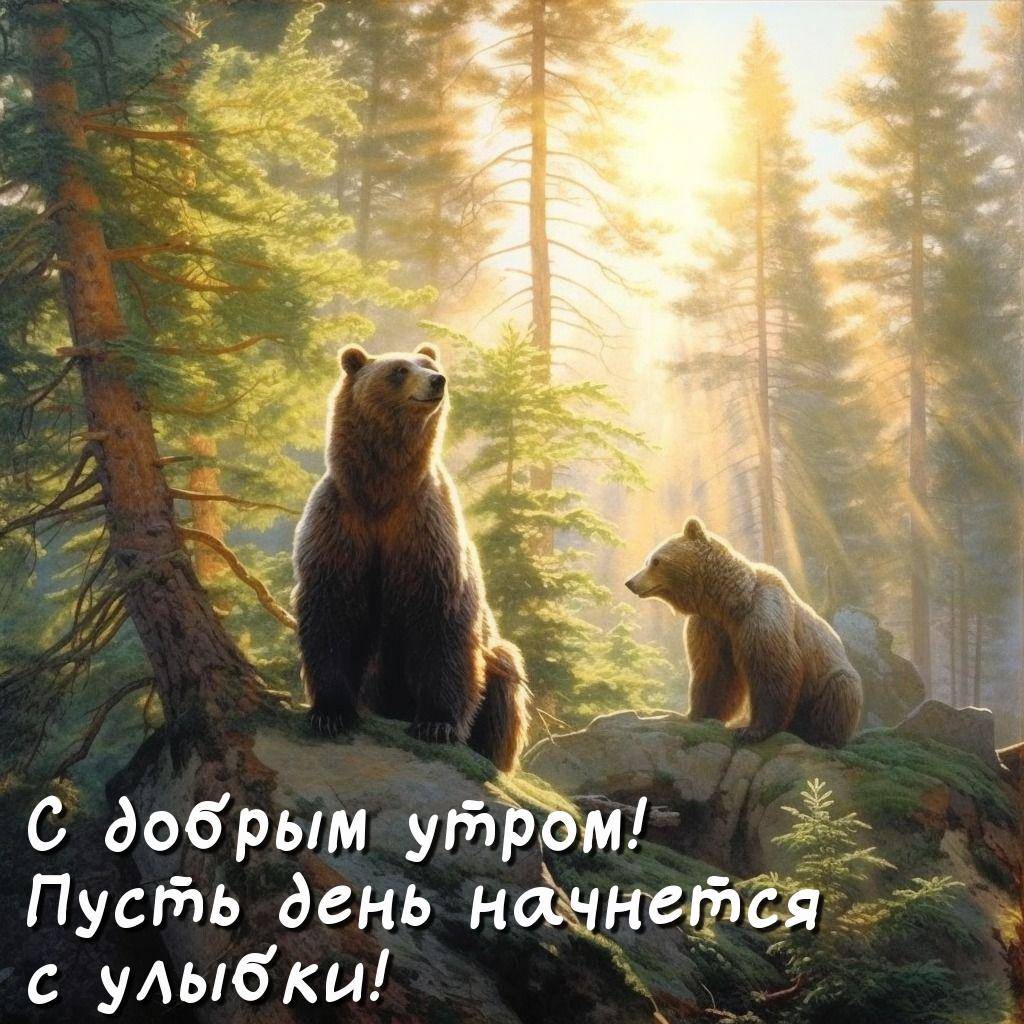 Два медведя на скале в лесу, солнечные лучи сквозь деревья