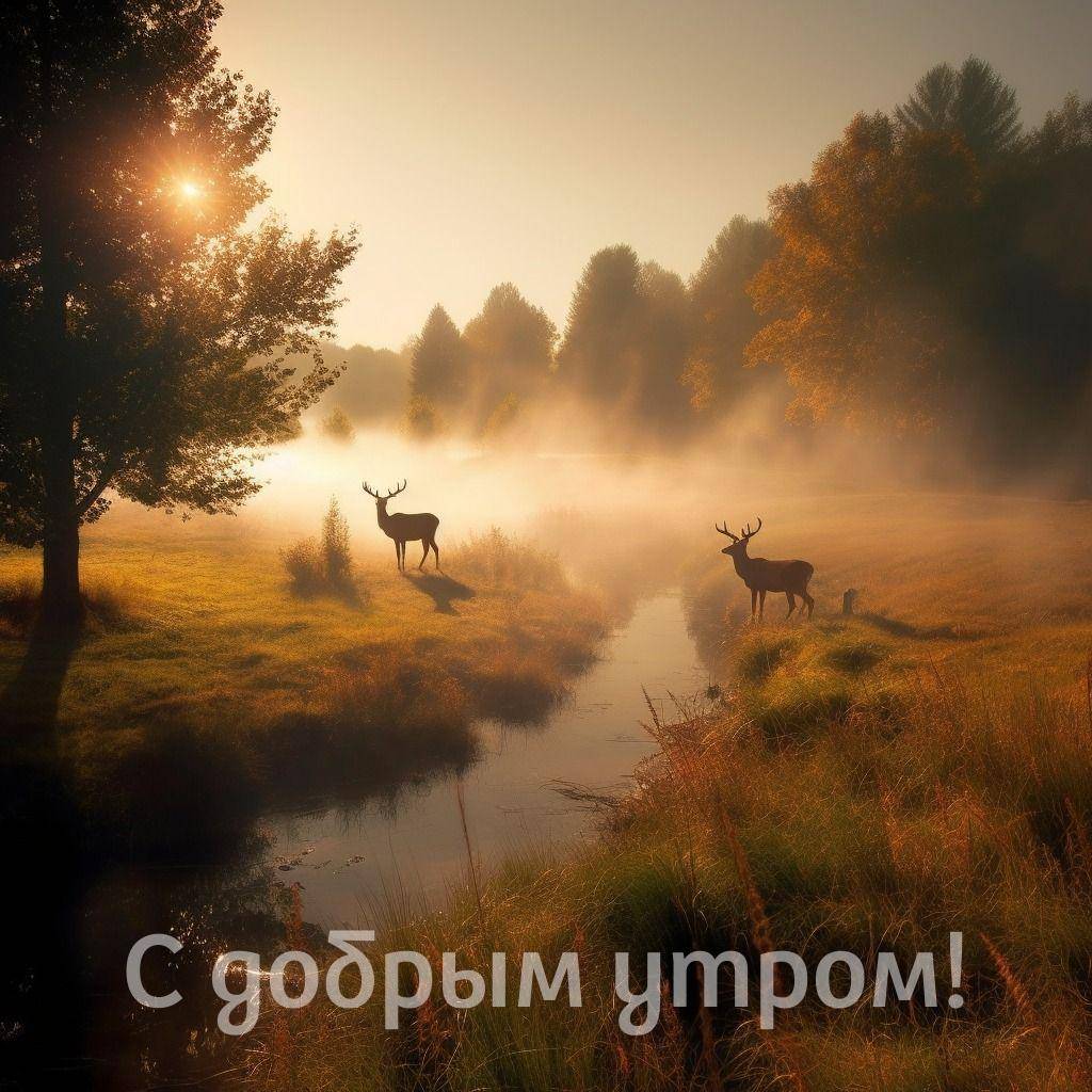 Два оленя на берегу реки среди тумана и деревьев