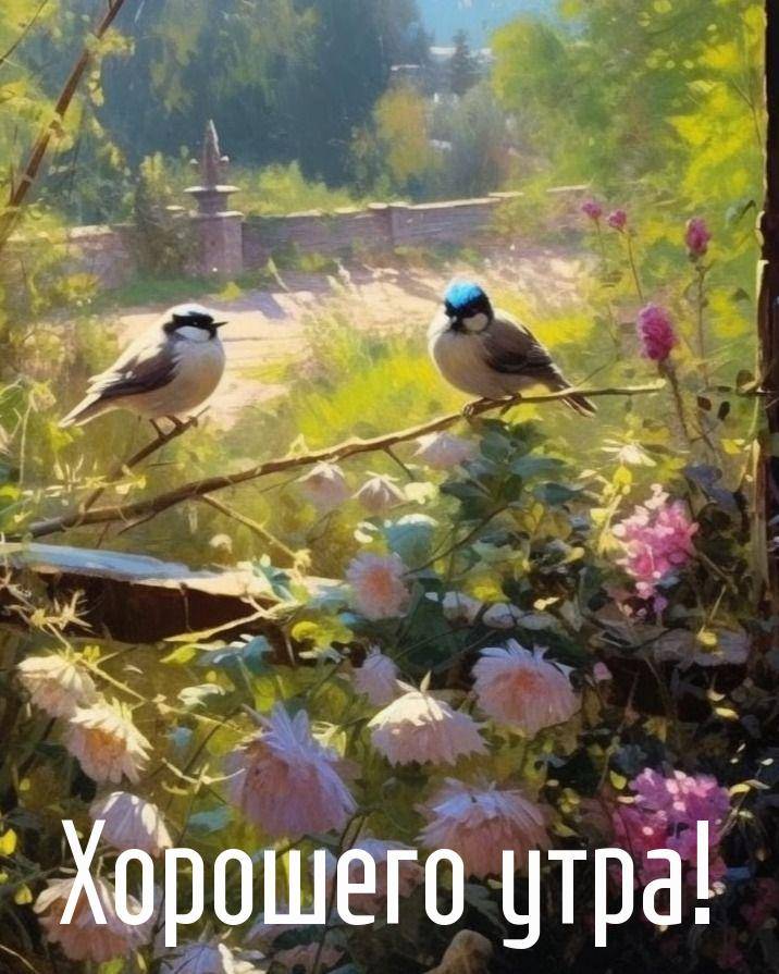 Два птица на ветке с цветами