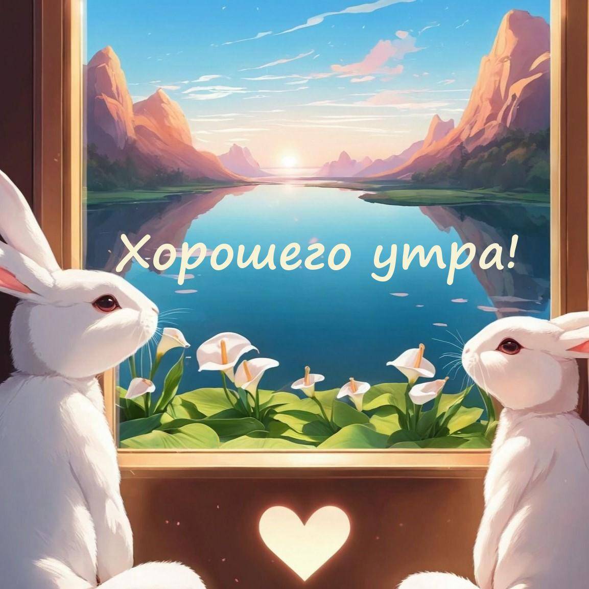 Два зайца смотрят на рассвет у озера
