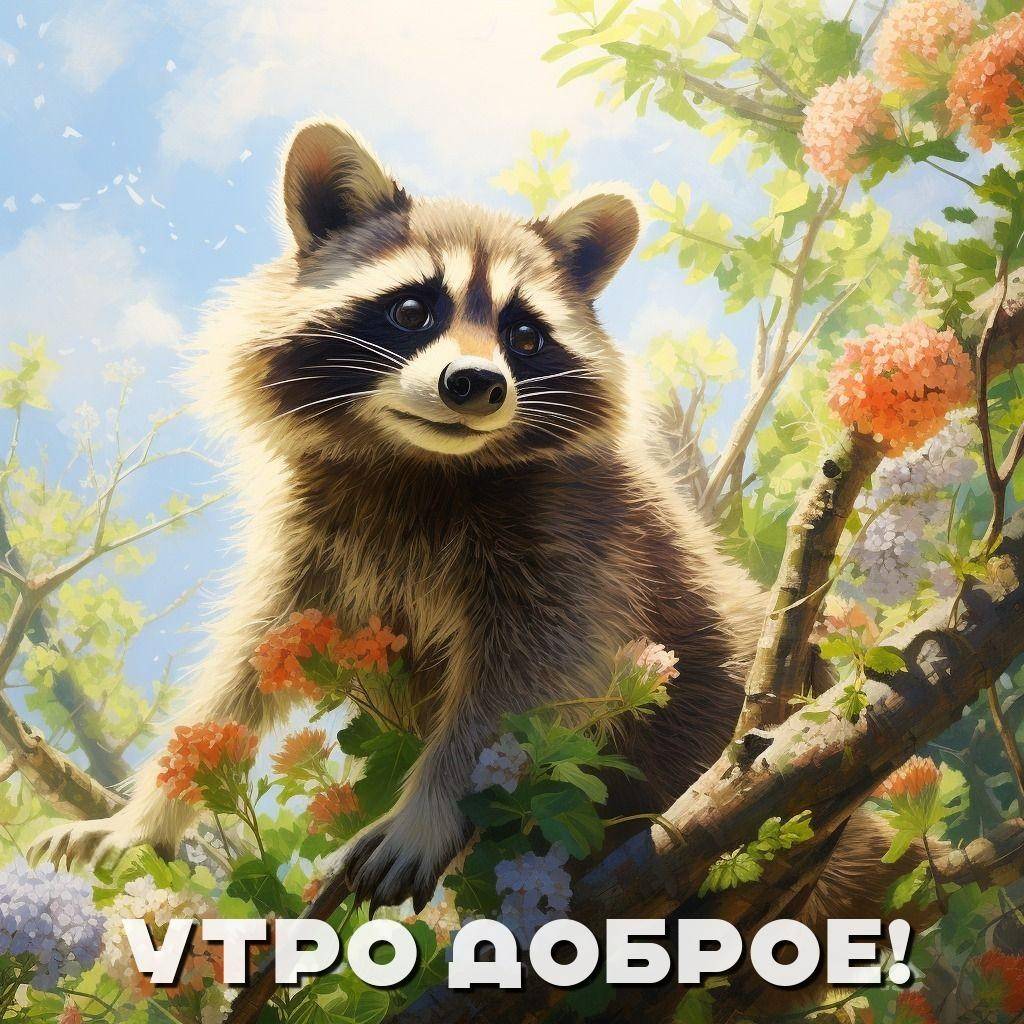 Енот на дереве среди оранжевых цветов, голубое небо на заднем плане