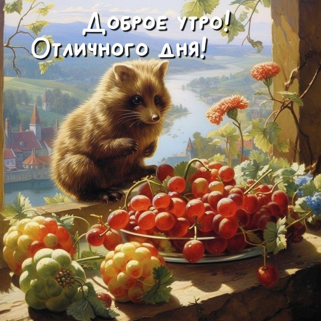 Енот с виноградом и вишнями на фоне реки