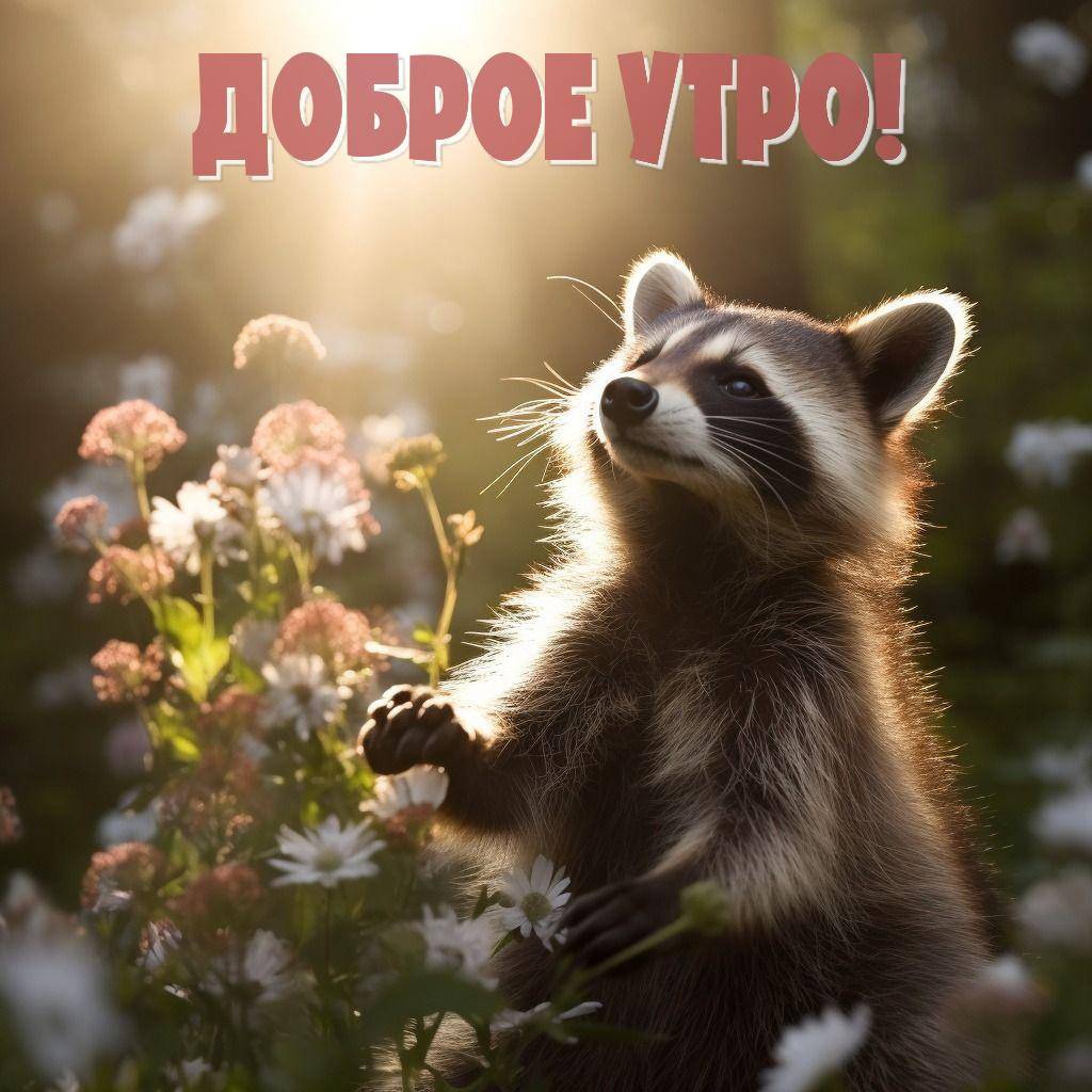 Енот среди цветов на фоне солнечного света