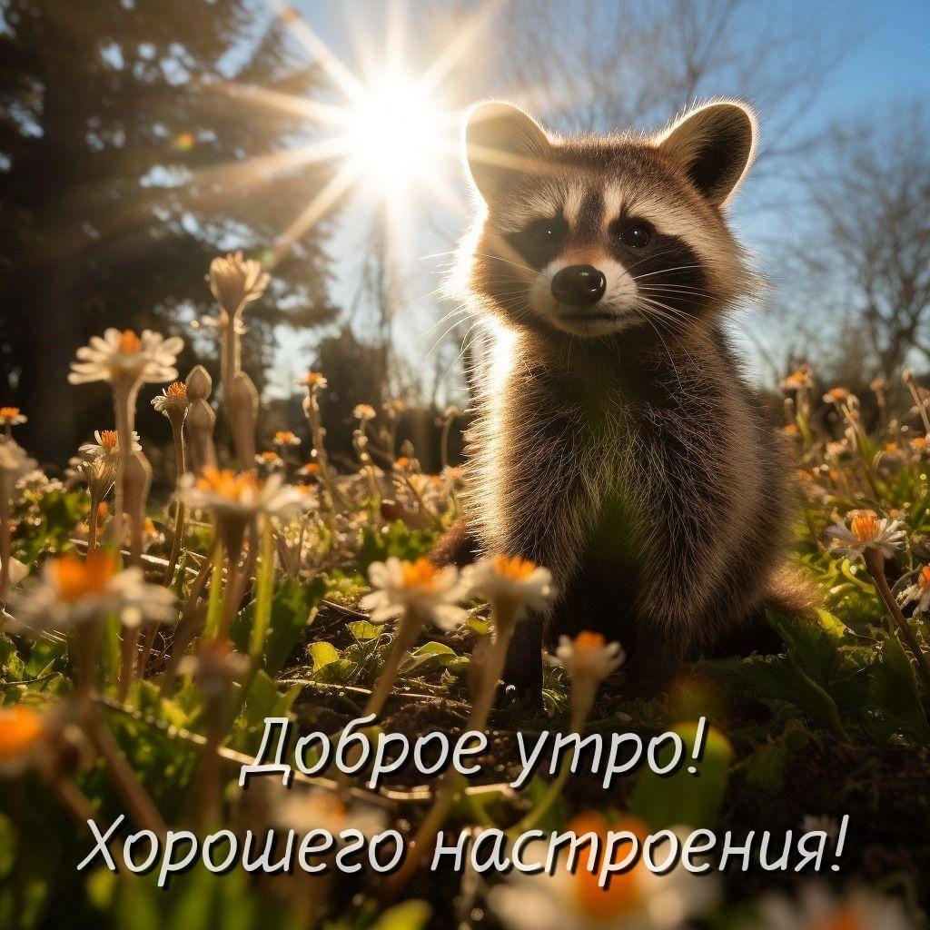 Енот среди цветов под ярким солнцем