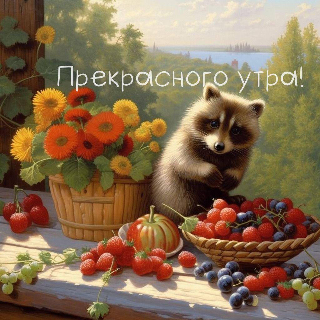 Енот среди ягод и подсолнухов на подоконнике