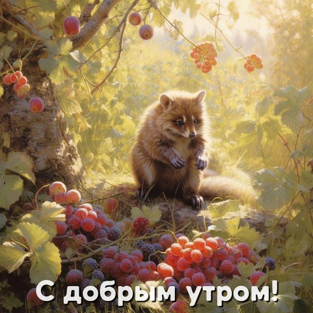 Енот среди ягод и яблок в лесу