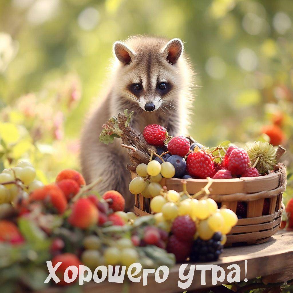 Енот за корзиной с ягодами на природе