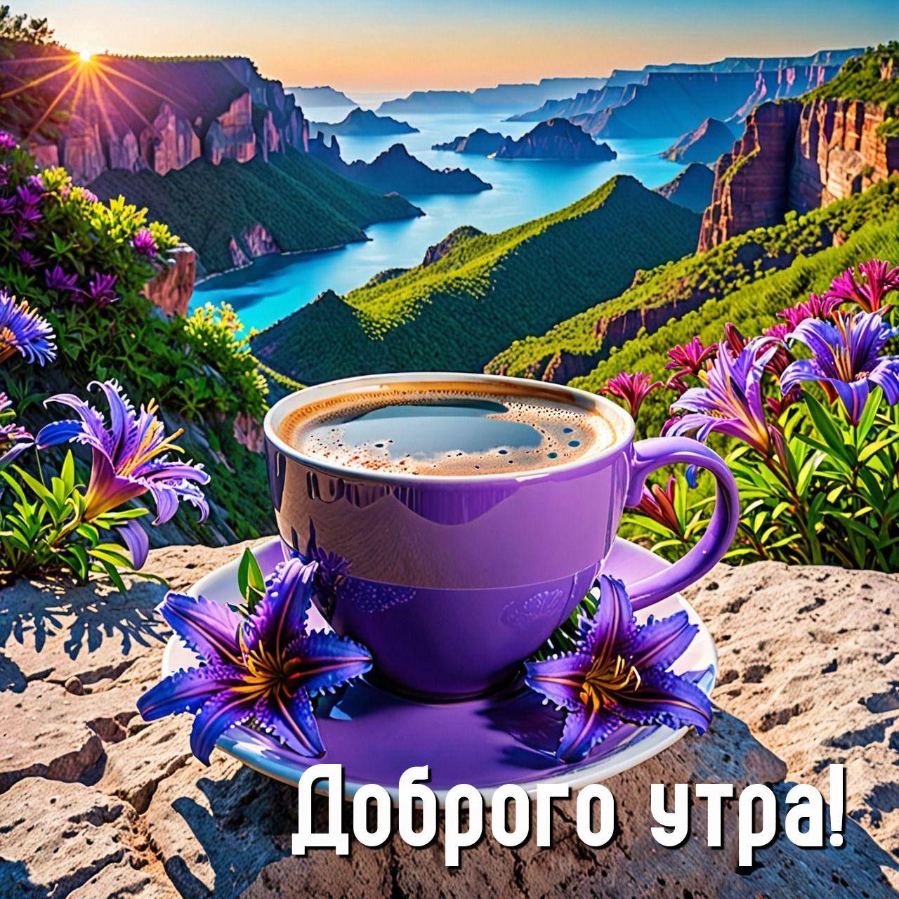 Фиолетовая чашка кофе на фоне каньона