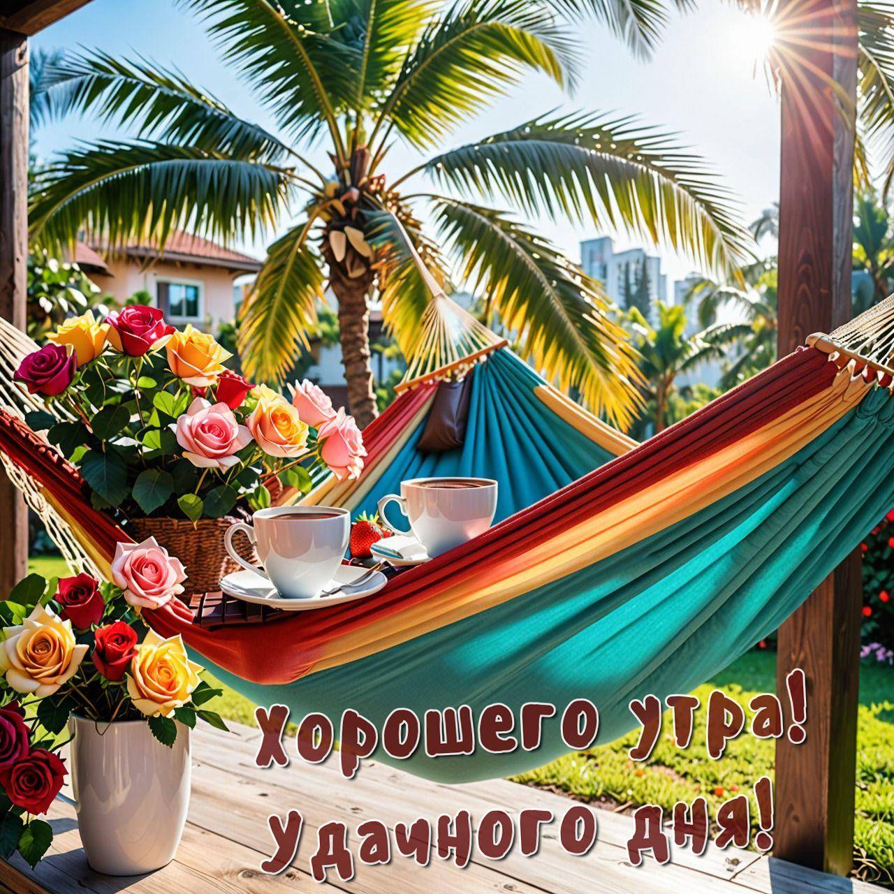 Гамак между пальмами, цветы и чашки кофе