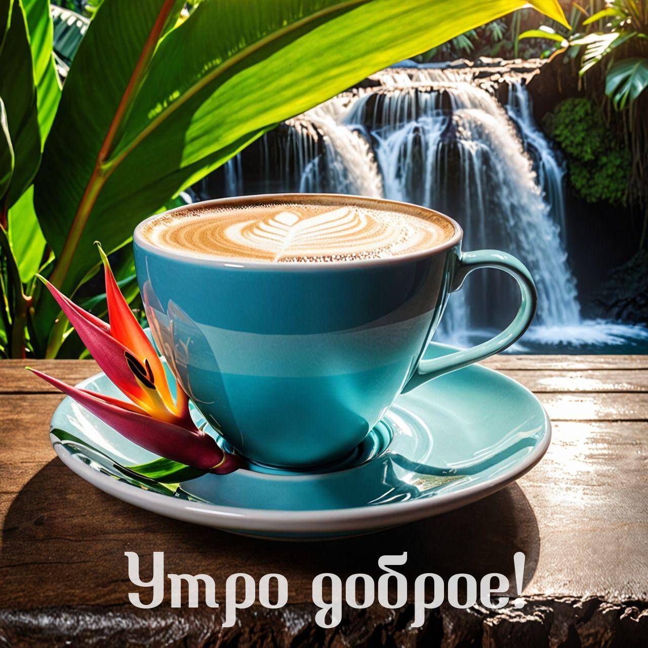 Голубая чашка кофе с кремовым узором на фоне водопада