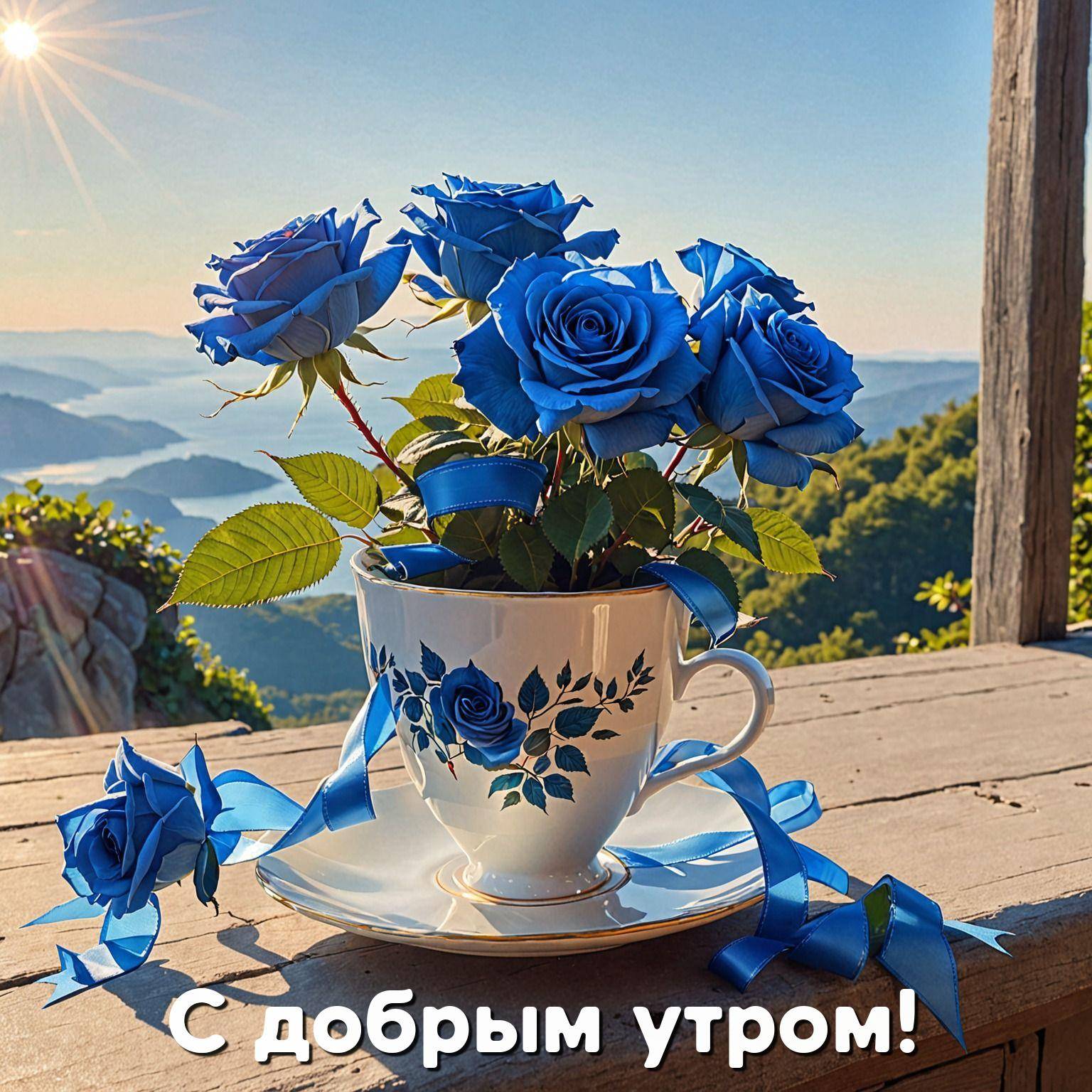 Голубые розы в чашке на фоне холмов