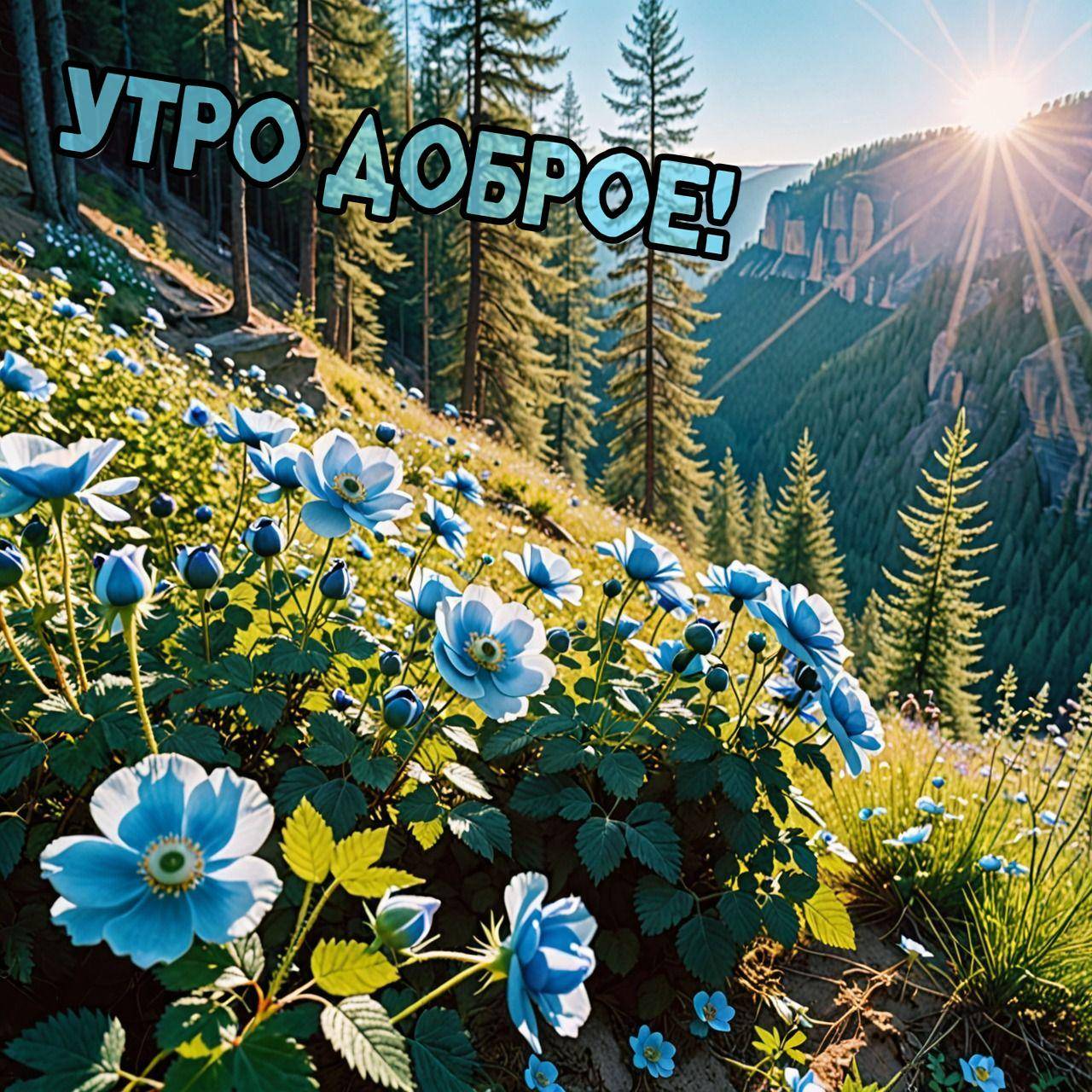 Голубые цветы на фоне леса и солнца