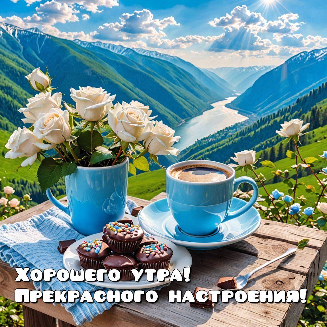 Горный пейзаж с рекой, чашка кофе и цветы на столе