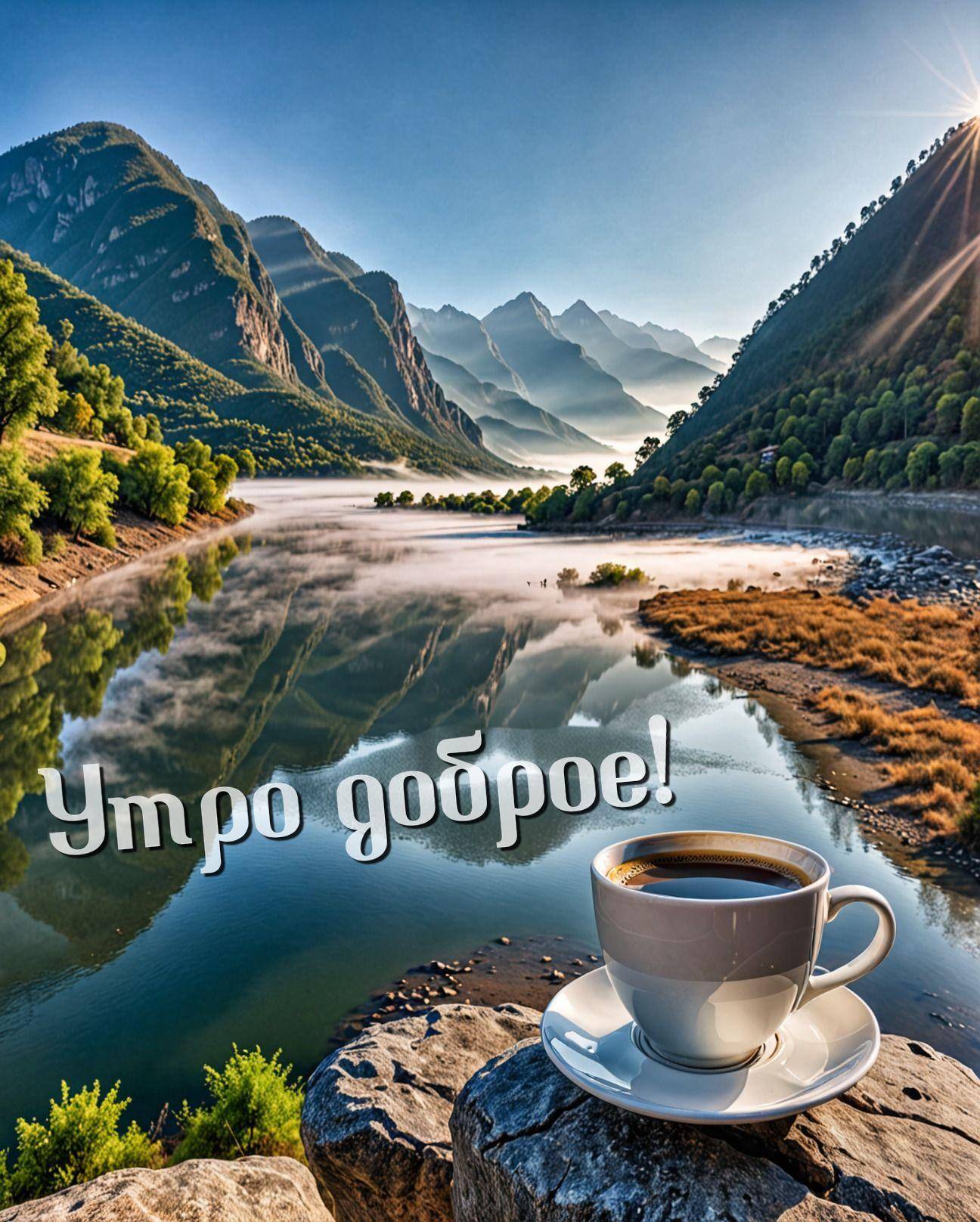Горный пейзаж с рекой и чашкой кофе на переднем плане
