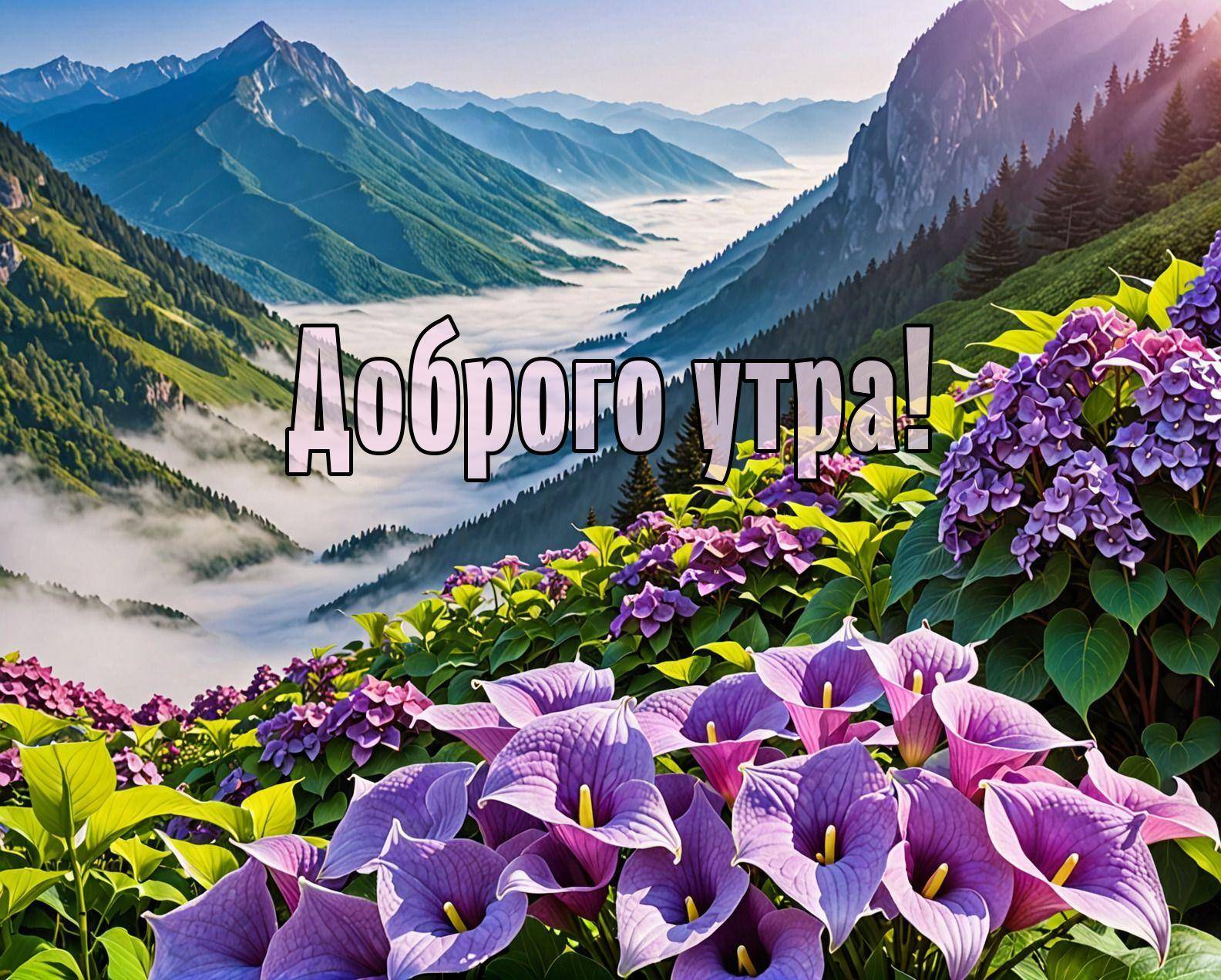 Горный пейзаж с цветами и туманом в долине