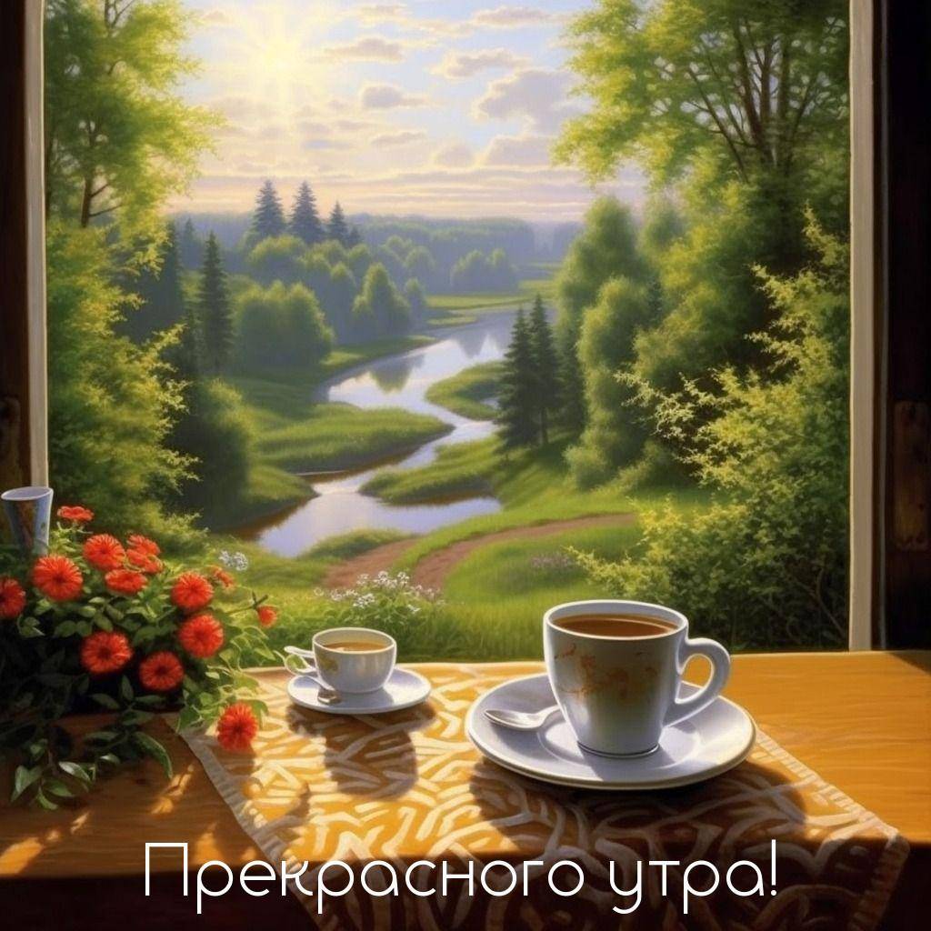 Идиллический вид из окна, чашка чая на столе