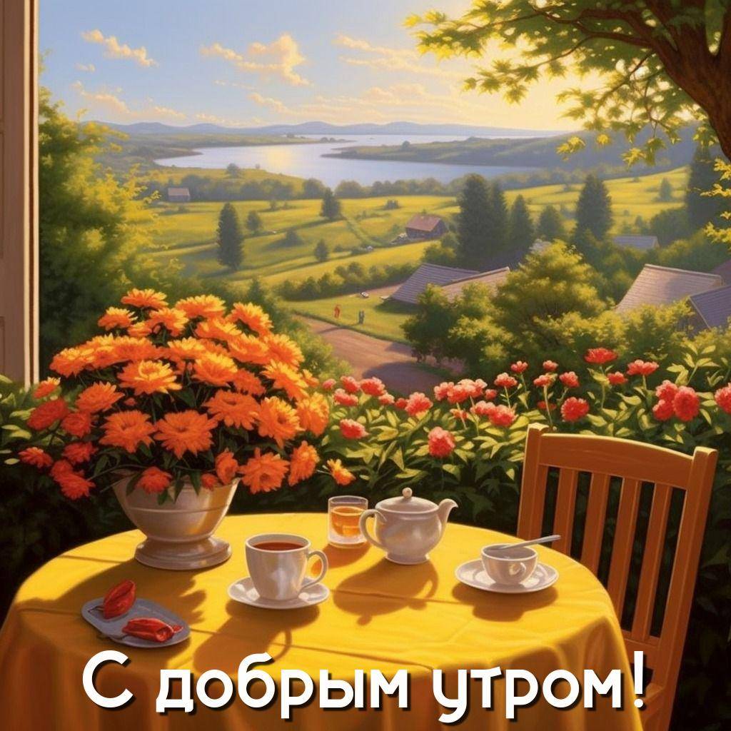 Изображение чашек чая на столе с желтой скатертью и букетом цветов