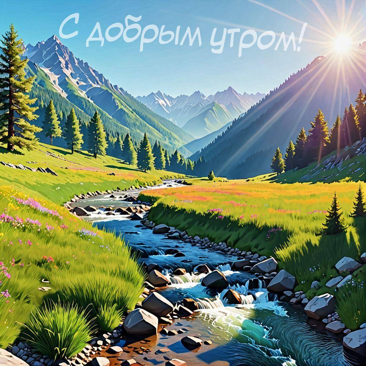 Изображение горной реки с цветами на берегу