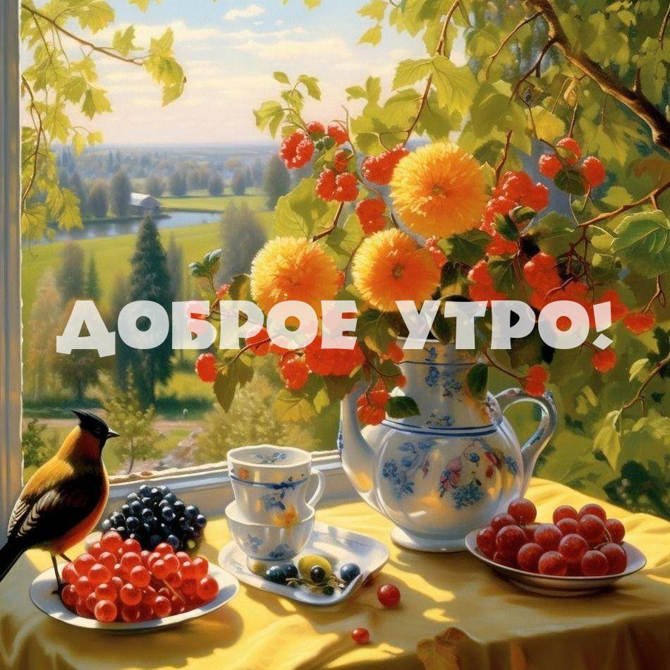 Изображение стола с вазой цветов и птицей у окна