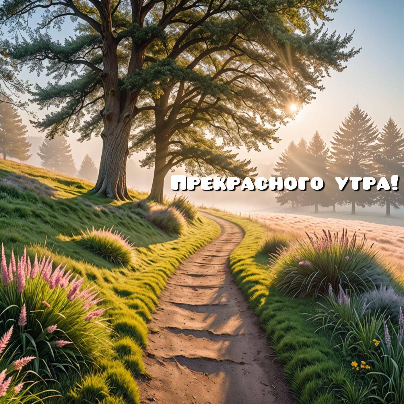 Извилистая тропа в парке, деревья, трава, рассвет