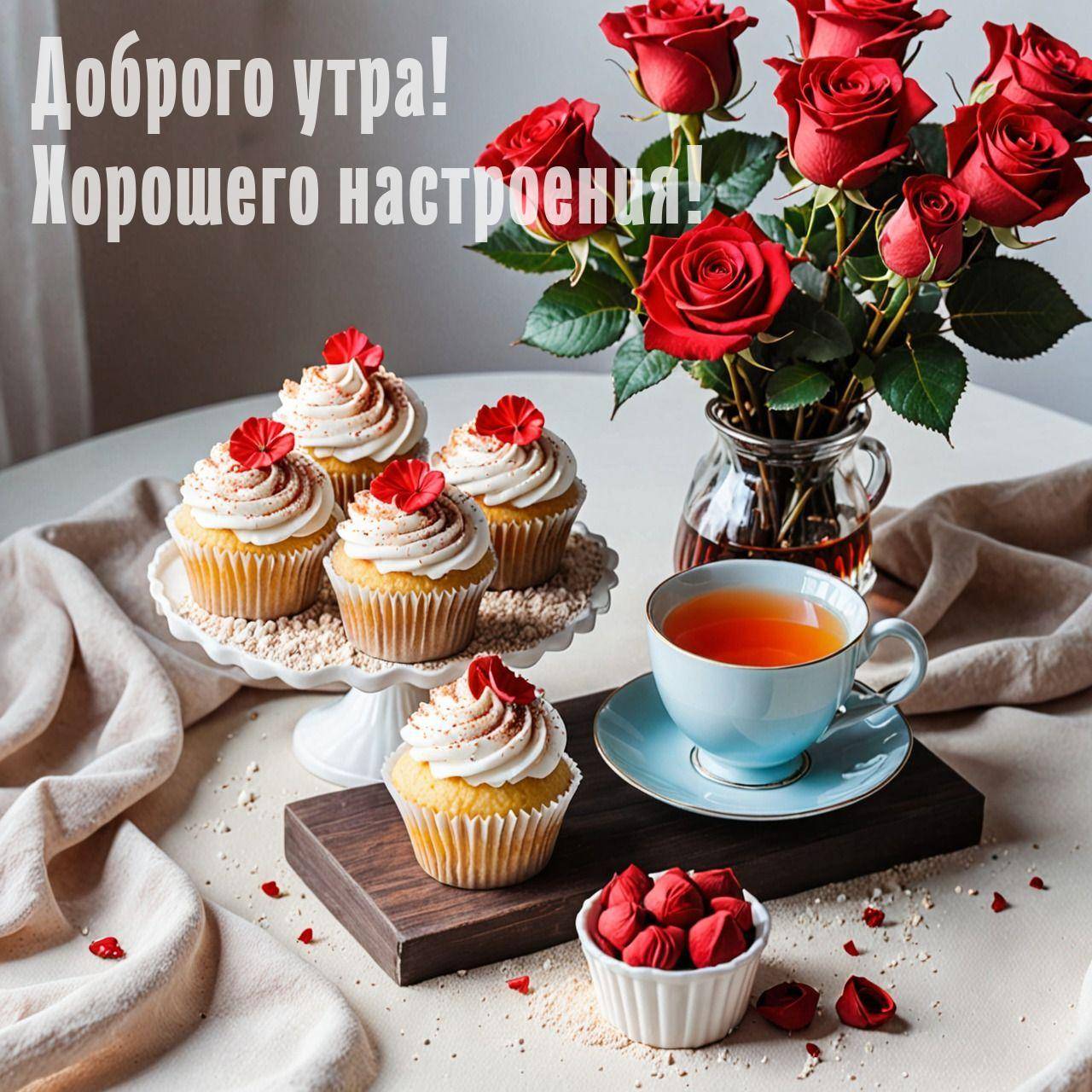 Капкейки с кремом, чай и розы на столе