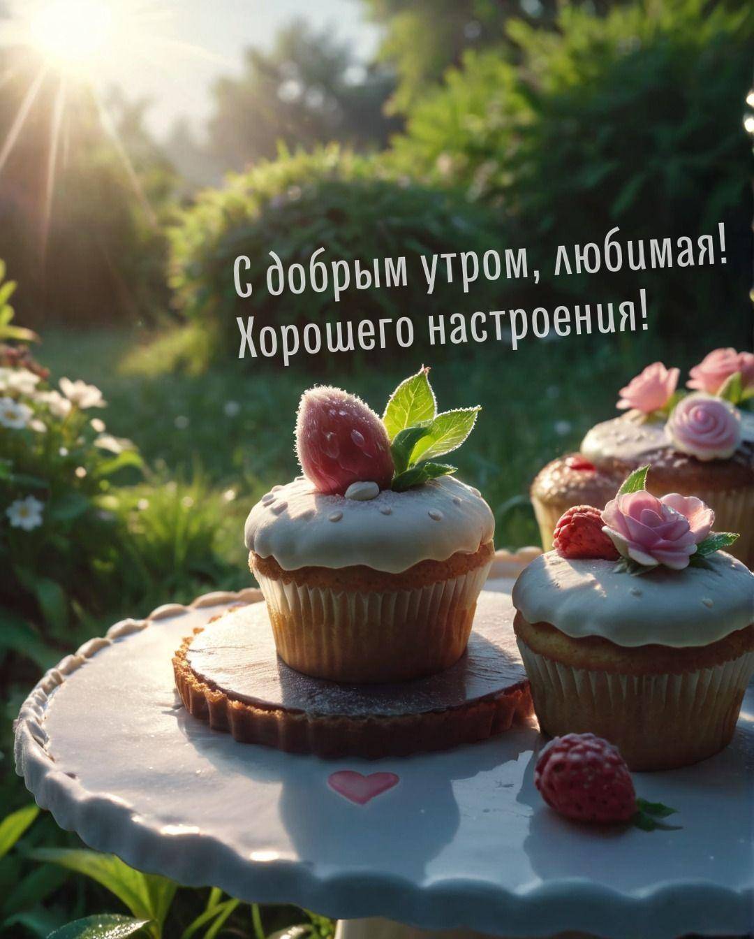 Капкейки с ягодами и цветами на подставке на фоне утреннего света