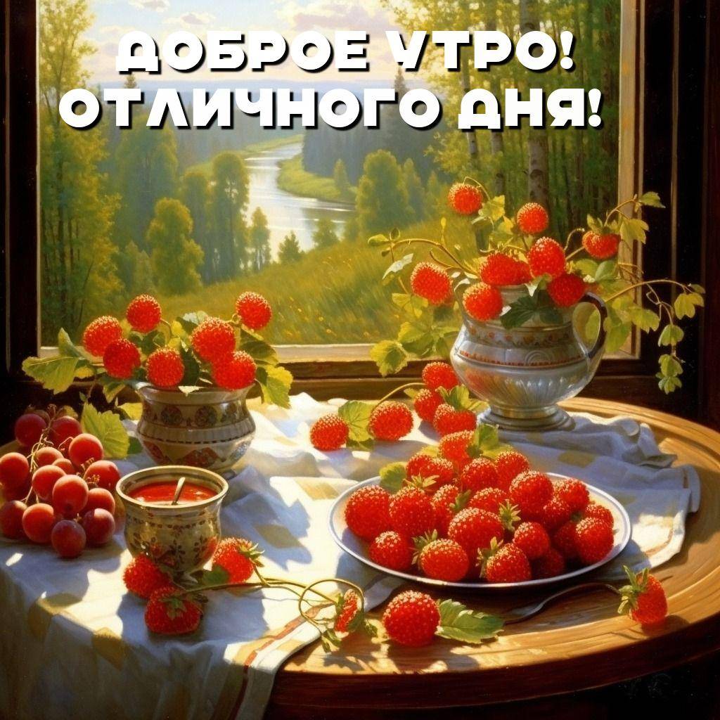 Клубника на подоконнике, вид на реку и лес
