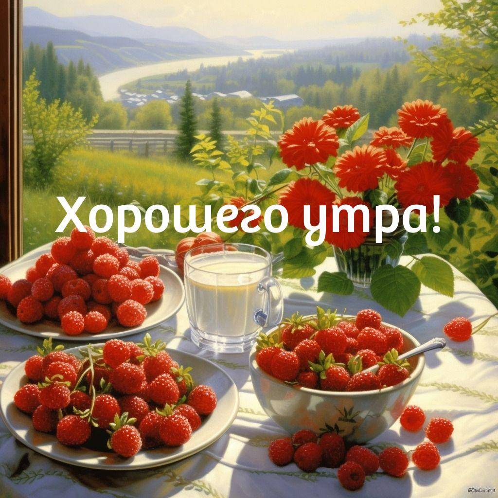 Клубника на тарелках, стакан молока, природа на фоне