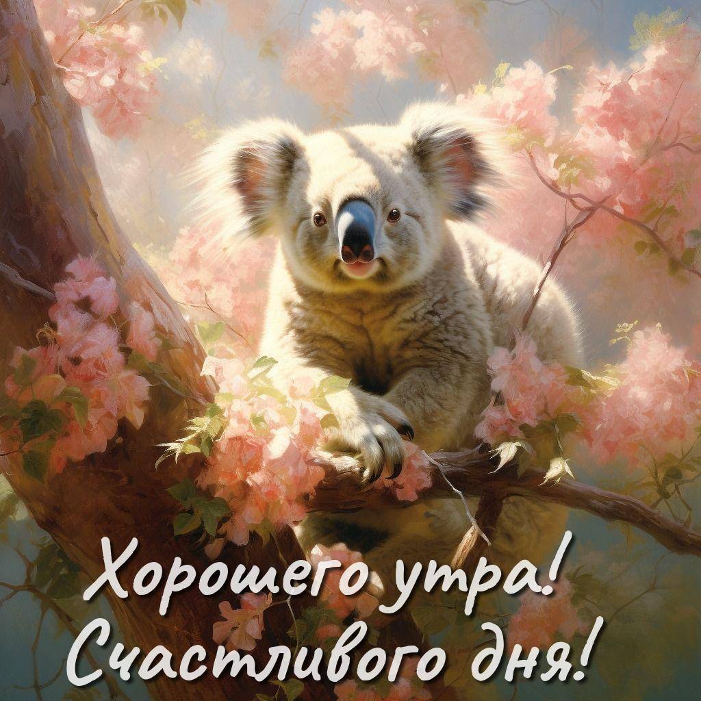 Коала на ветке среди розовых цветов