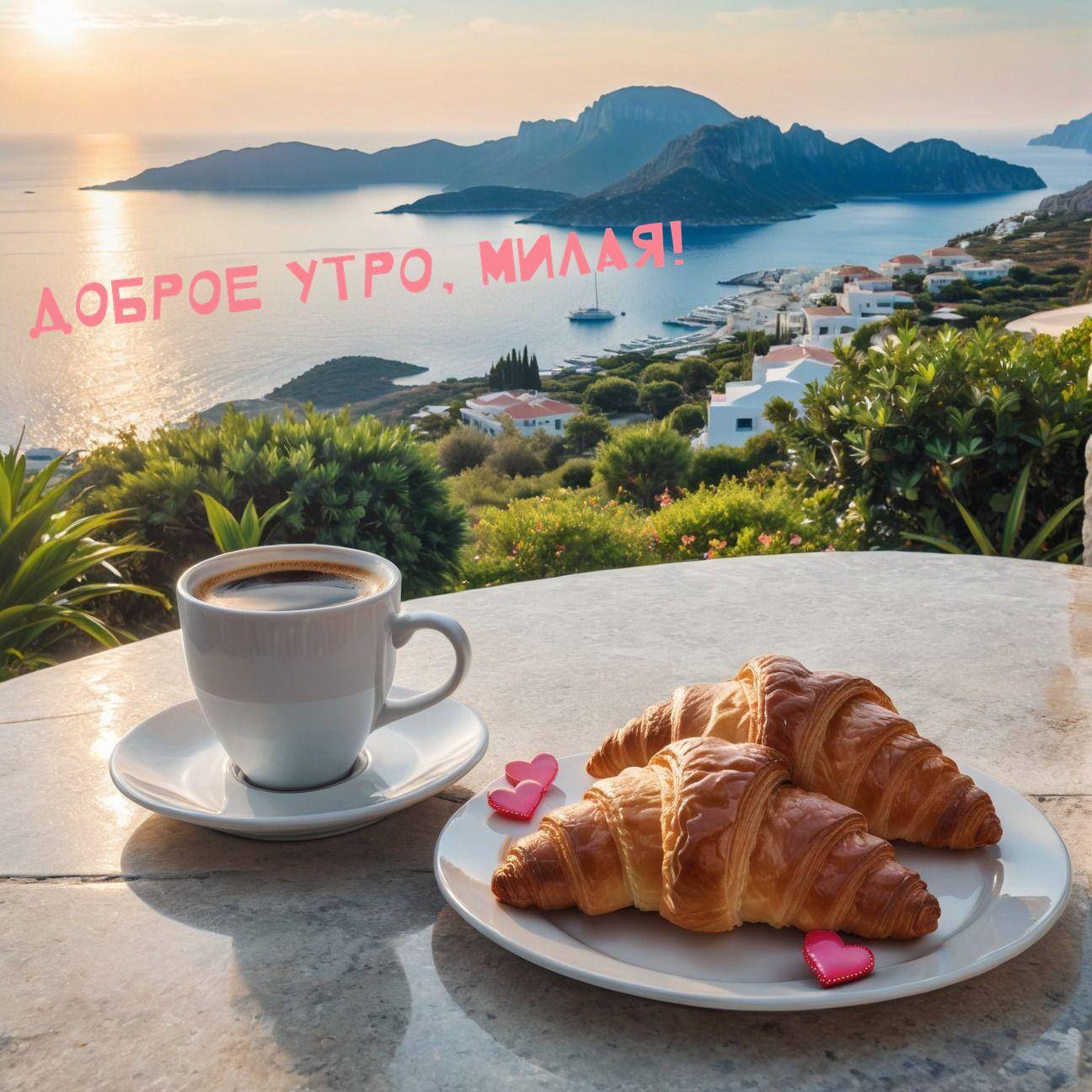 Кофе и круассаны на фоне моря и гор