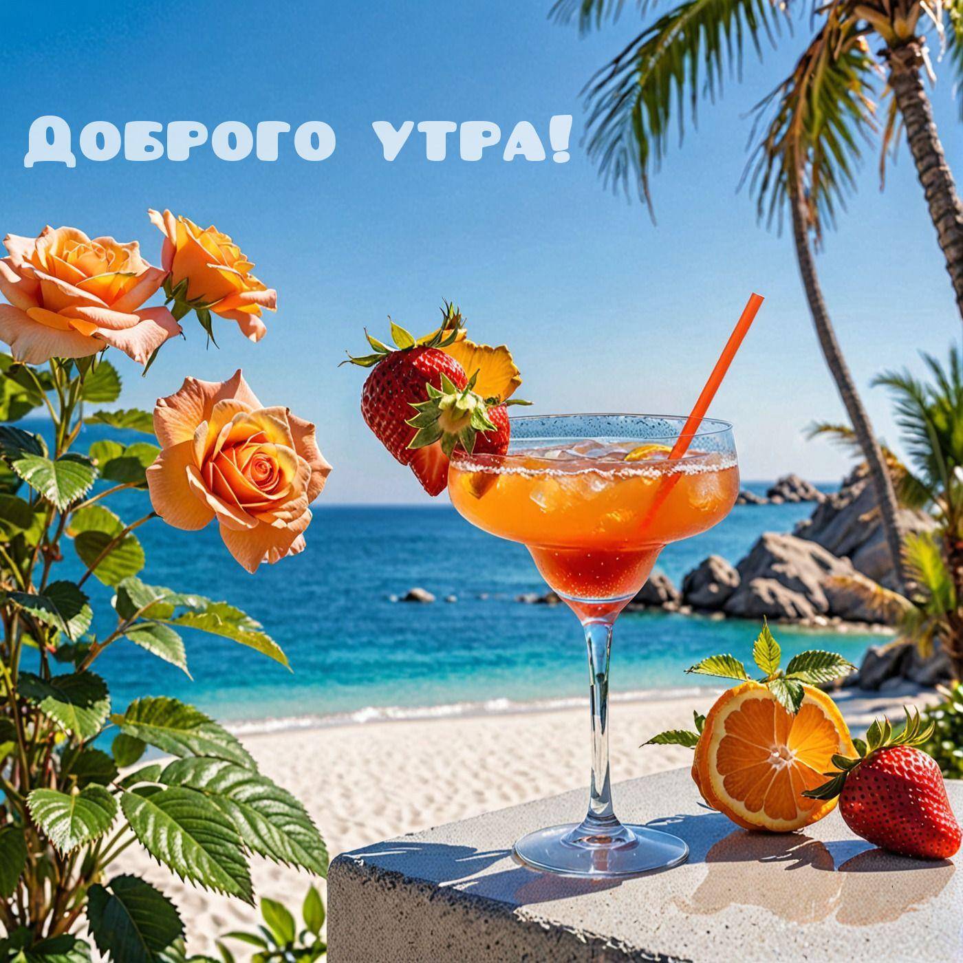 Коктейль с клубникой на фоне тропического пляжа