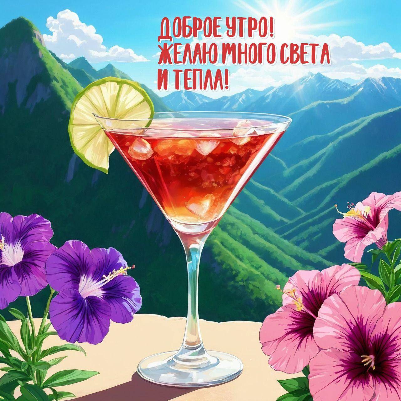 Коктейль с лаймом на фоне гор и цветов