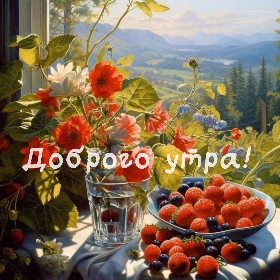 Композиция ягод и цветов на фоне пейзажа