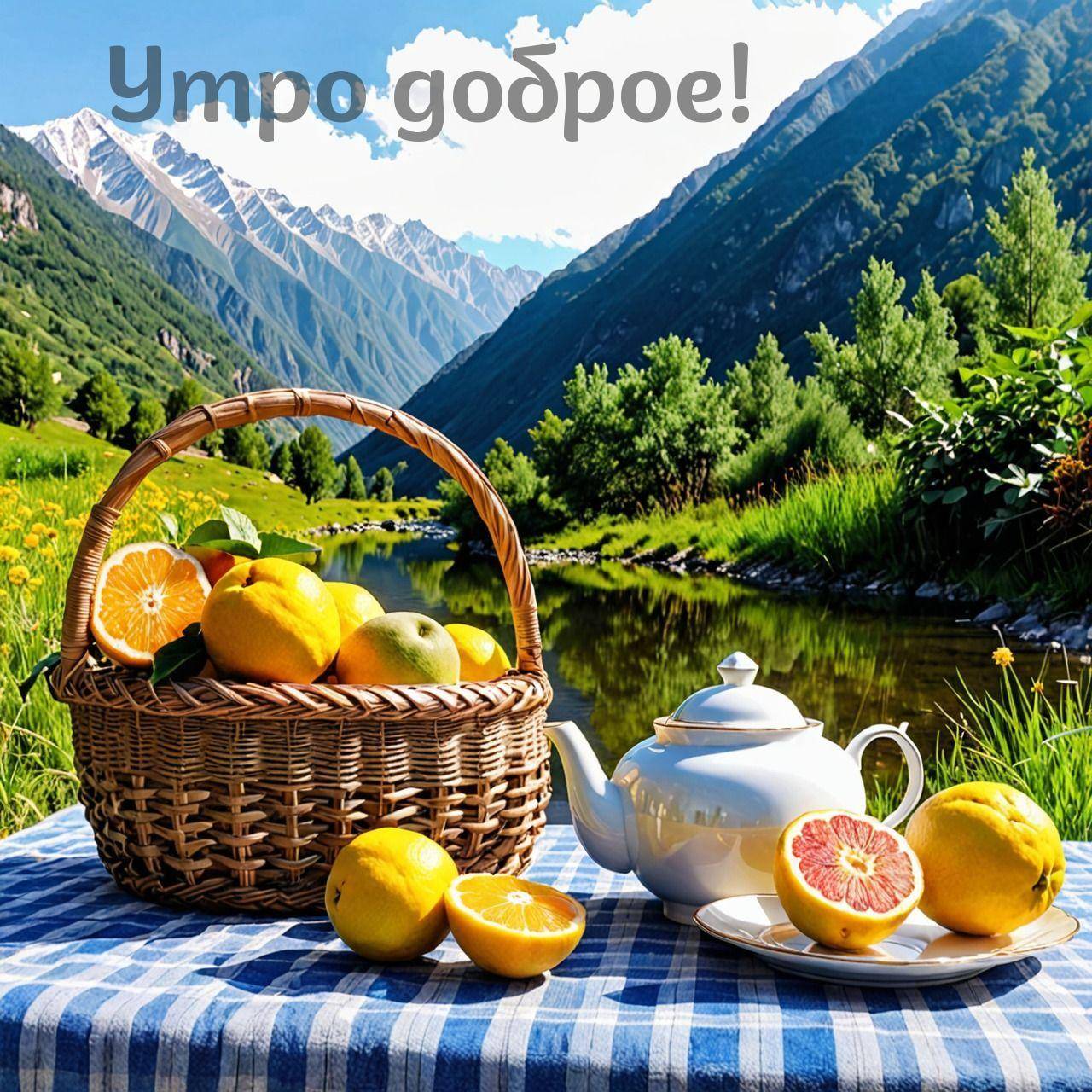 Корзина с фруктами и чайник на природе