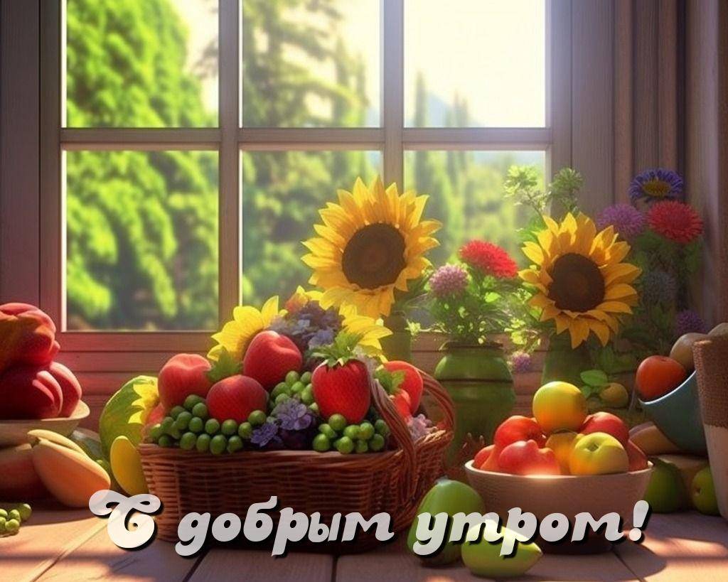 Корзина с фруктами и подсолнухи на подоконнике