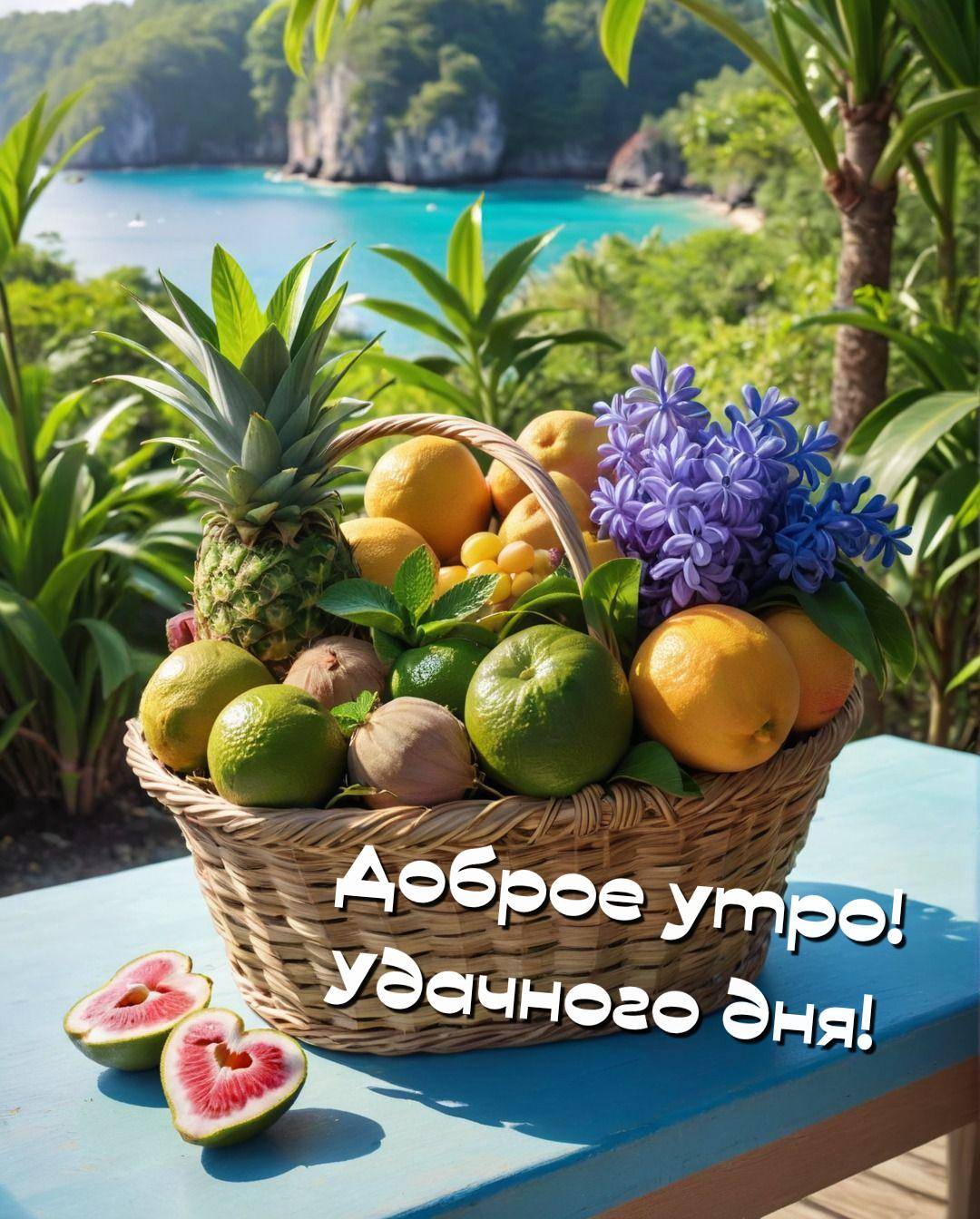 Корзина с фруктами и цветами на фоне тропического пляжа