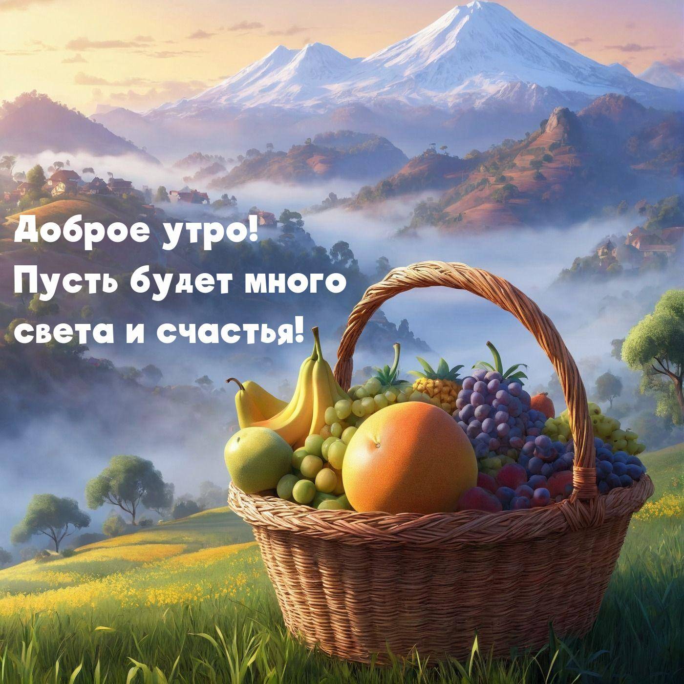 Корзина с фруктами на фоне гор и тумана