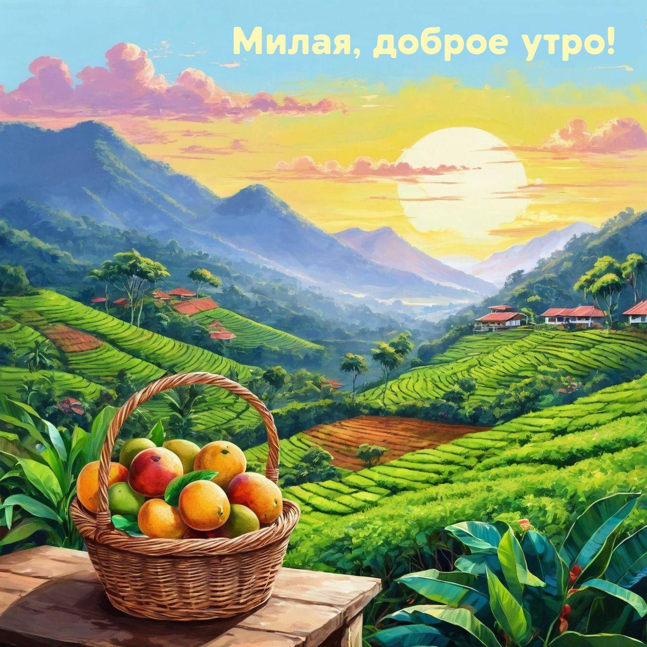 Корзина с фруктами на фоне зелёных холмов