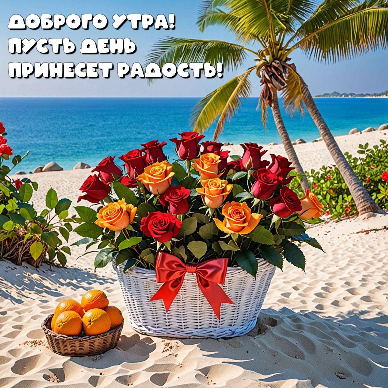 Корзина с розами на пляже, пальмы, море