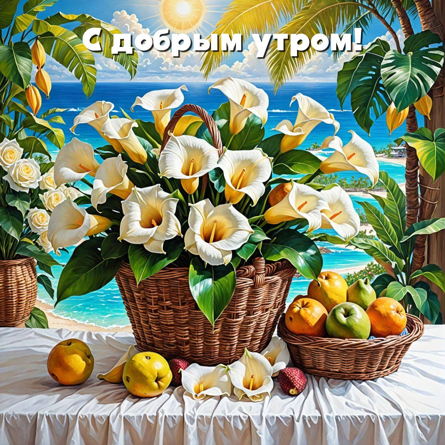 Корзина с цветами и фруктами на фоне моря