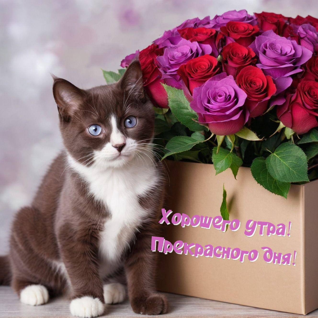 Кошка и пышный букет роз в коробке