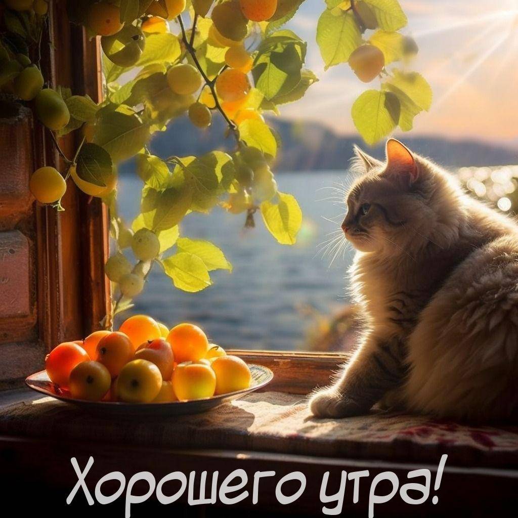 Кот на подоконнике смотрит в открытое окно рядом с тарелкой яблок