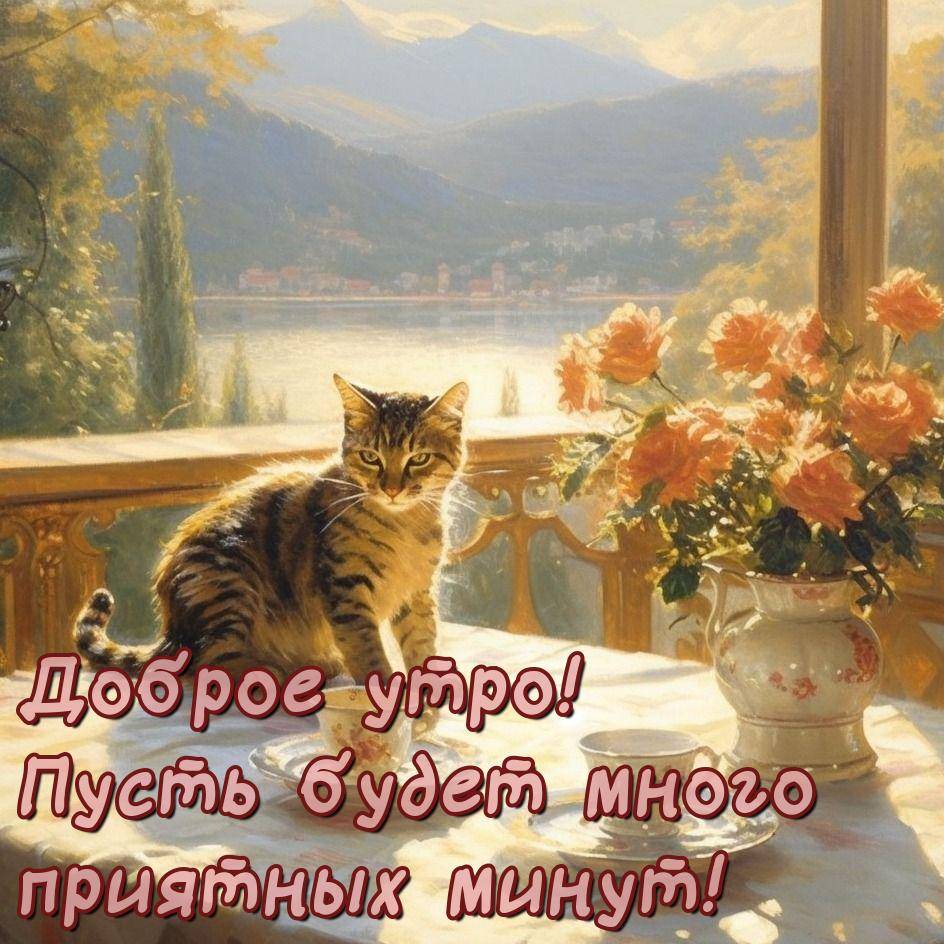 Кот на столе рядом с чашками и цветами