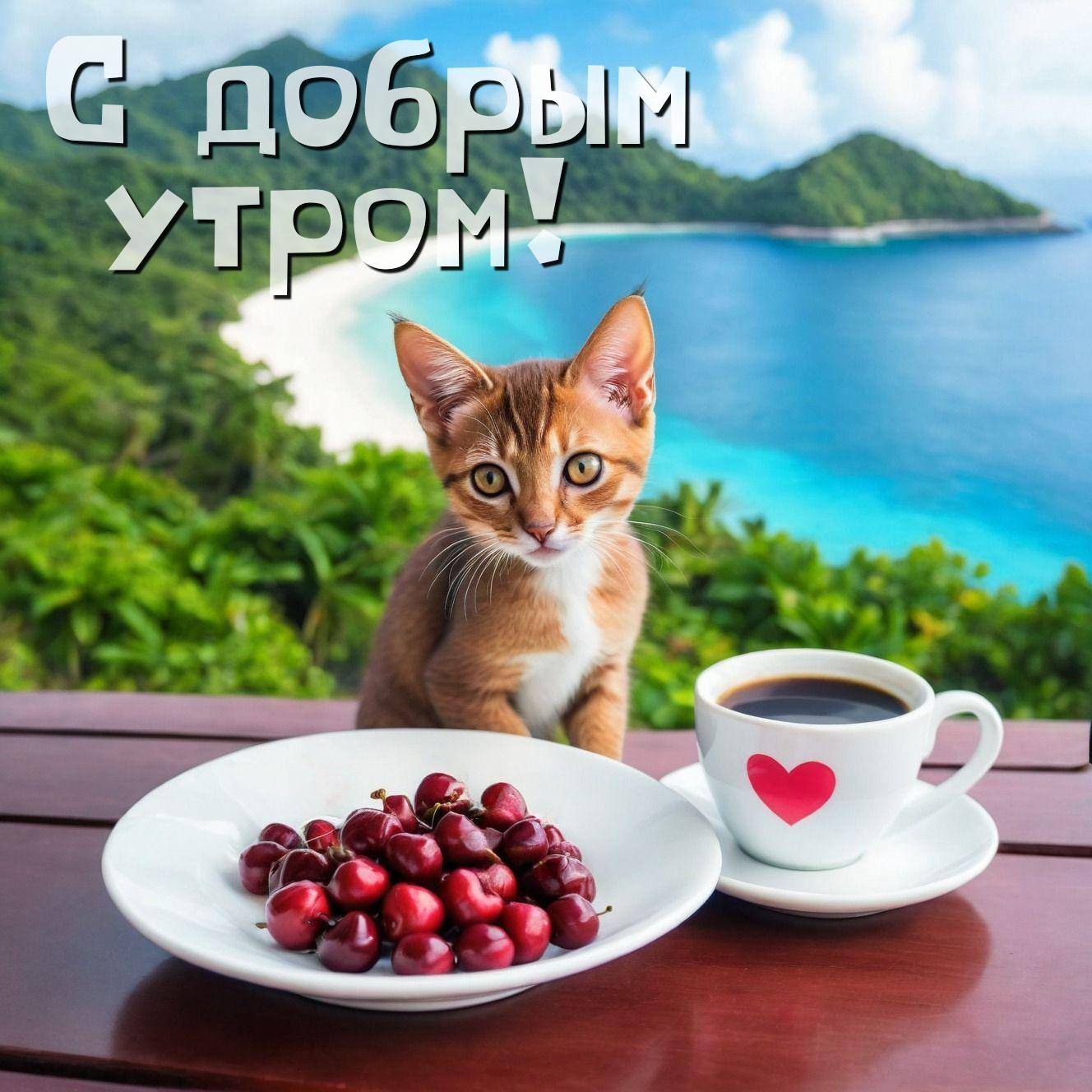 Кот на столе с вишнями и кофе, тропический пейзаж