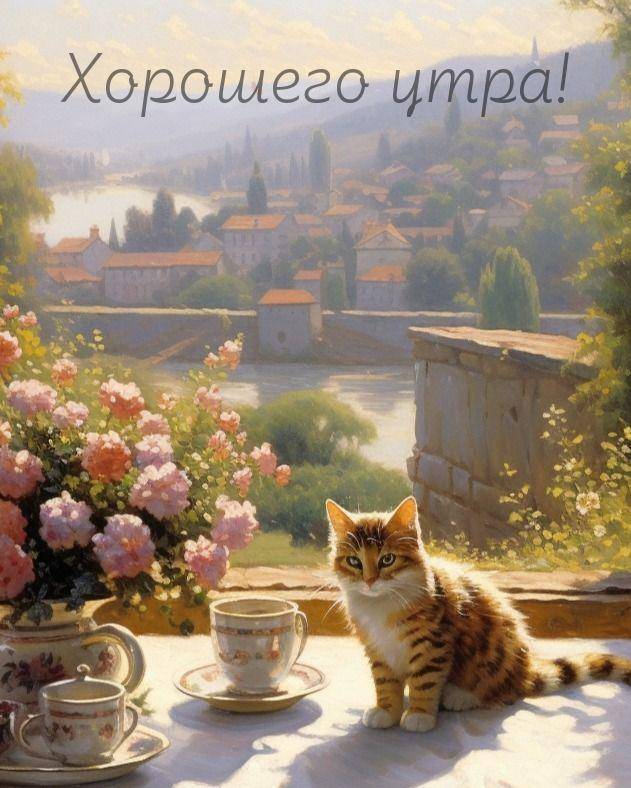 Кот рядом с чашкой на фоне пейзажа